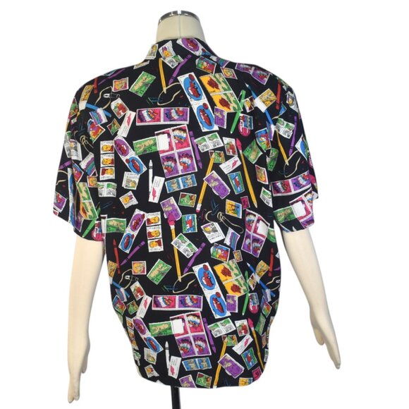 Vintage Early 90s Rayon Postage Stamp Print Blouse Shirt Novelty Print L - Picture 3 of 8